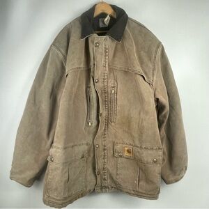 VTG Carhartt Jacket Chore Coat Brown 2X Blanket Lined CB2582 USA Barn Workwear